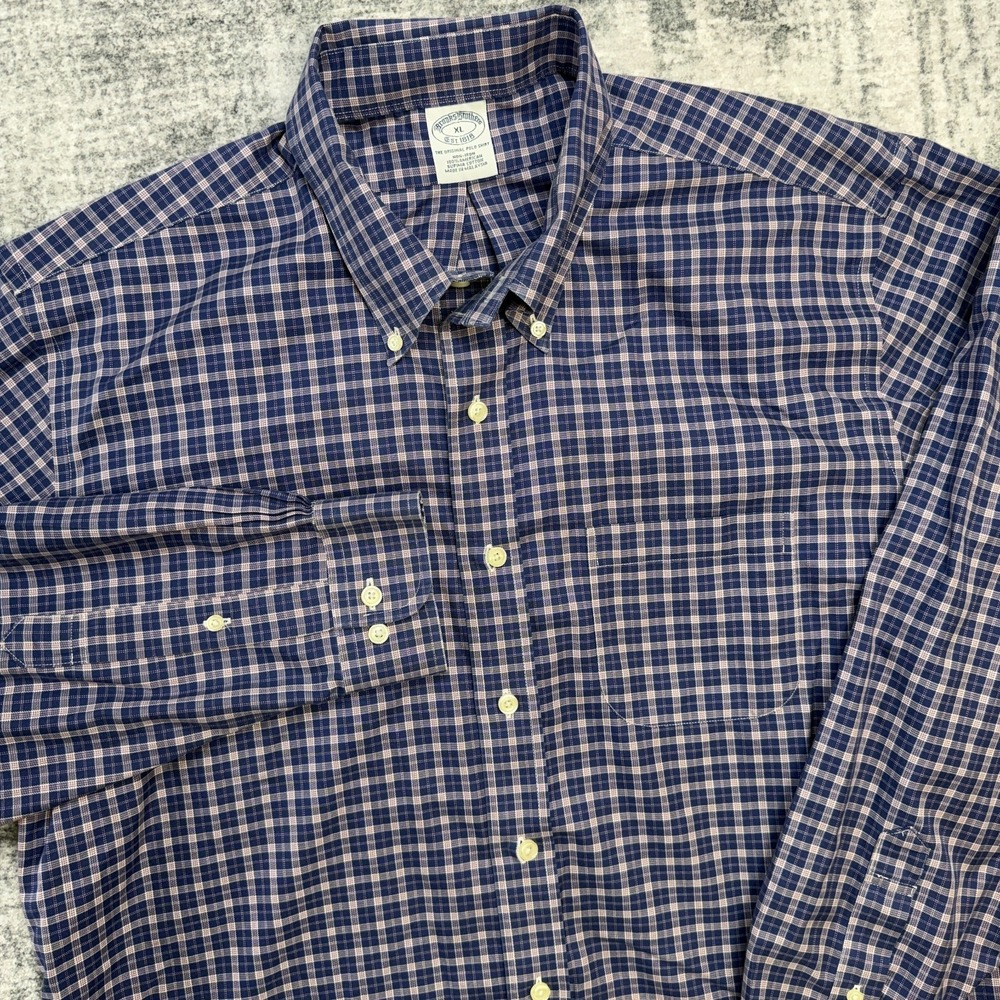 Brooks Brothers Shirt Mens XL Blue Plaid Supima Cotton Non Iron Business‎ Office